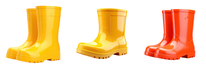 3D Plastic Style Rainboots Trio In Vibrant Yellow And Red Colors Against Transparent Background Showing Detailed Footwear And Protective Design