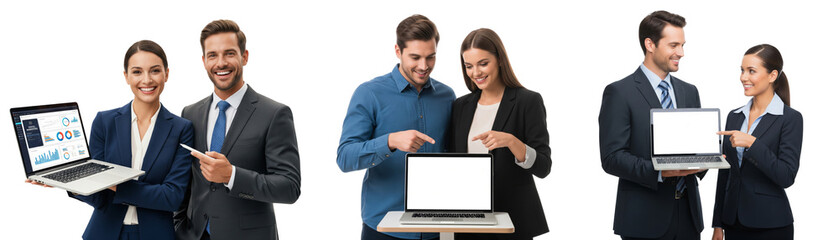 Collection of Business people working together on laptop, looking happy isolated on white or transparent background