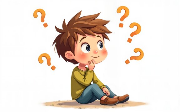 Cute child thinking about world philosophy day with many questions isolated on transparent background. High quality