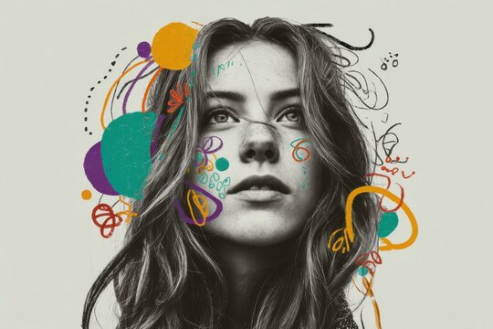 Black and white portrait enhanced with colorful graphic doodles around face and hair, whimsical mixed media photo edit