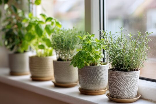 Apartment windowsill garden with various herbs in ceramic pots, neat and calming urban homestead vibe