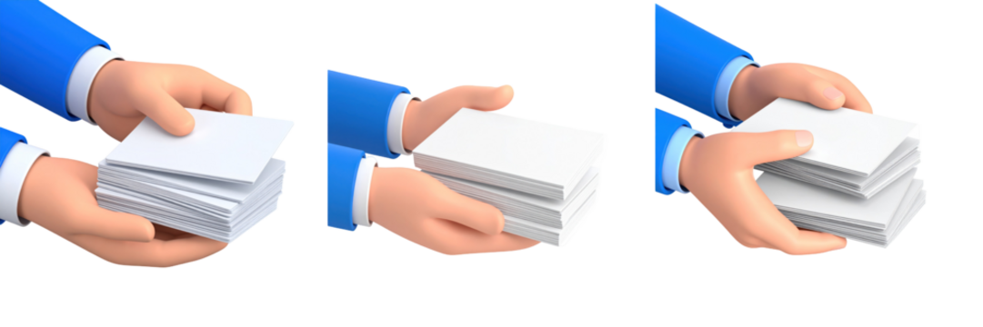 Animated Hands In Blue Sleeves Sorting White Stacked Business Cards With Isolated Transparent Background