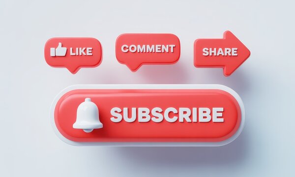 A 3D rendering of coral-colored social media interaction buttons; like, comment, share, and a prominent subscribe button with a bell icon, set against a clean white background