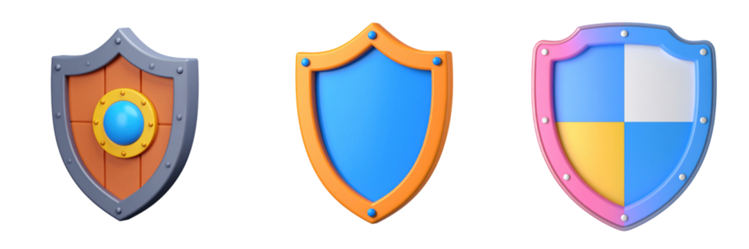 Three 3D Plastic Style Shields Rendered with Diverse Color Palettes Featuring Wooden Metal And Geometric Details On Transparent Background