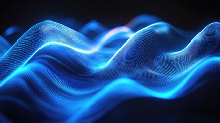 Fototapeta premium Blue neon wavy data streams swirl across a high-tech abstract digital background, symbolizing connectivity.