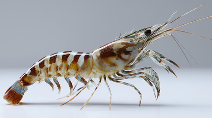 Levitating fresh tiger prawn on a pristine white surface, highlighting its natural colors and patterns, extreme detail, side lighting to emphasize texture, minimalist aesthetic, commercial product pho