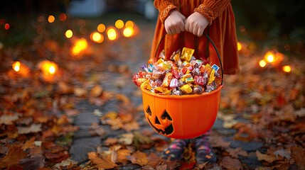 Child holding pumpkin bucket full of Halloween candies on autumn leaves with glowing lights