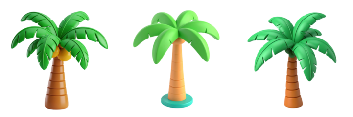 3D Plastic Style Cartoon Palm Trees Isolated on a Transparent Background Featuring Green Foliage and Orange Trunk