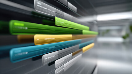 Colorful digital interface bars floating in modern office environment, representing data visualization and technology innovation