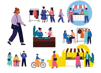 people spending time at street market. Men, women and couples walking, drinking beverages, riding bicycle, buying clothes and accessories at fair. Vector illustration
