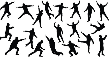 Silhouette of man dancing poses, dynamic movement collection, male figure vector illustration, breakdance hip hop style, active body expression isolated design