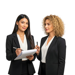 Two businesswomen discussing a document isolated on transparent background