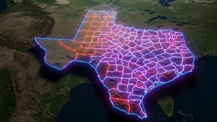 Digital futuristic map of Texas showing illuminated city connections and transportation networks - Powered by Adobe