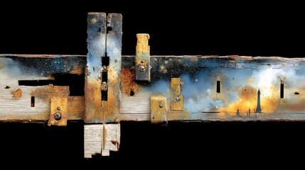 Rustic mixed-media artwork of distressed wood and painted lighthouse, aged brown and starry blue, representing coastal dreams against a dark background with copy space.