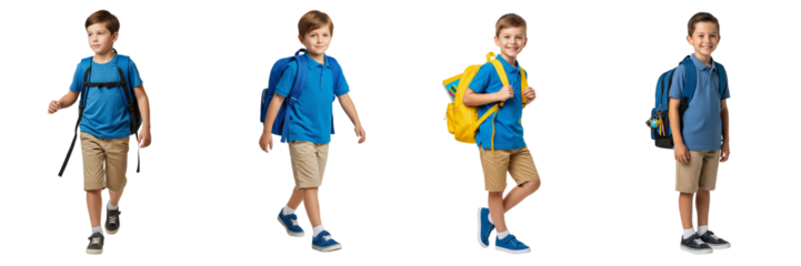 Group of little boys with backpack walking back to school, isolated on white or transparent background