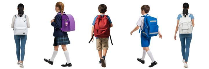 Group of little girls and boys with backpack walking back to school, isolated on white or transparent background