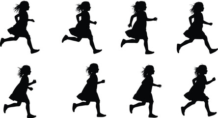 Silhouette of running girl child, motion sequence illustration, kid activity vector, active lifestyle concept, childhood movement, fitness sports design, isolated figure collection