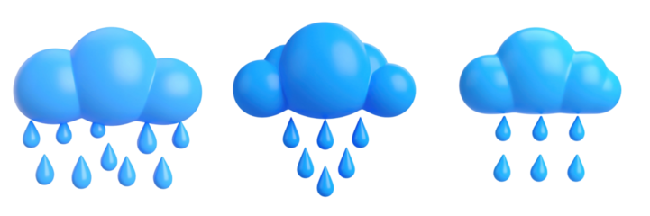 3D Plastic Style Icon Of Blue Clouds And Raindrops With Transparent Background Depicting Weather And Precipitation
