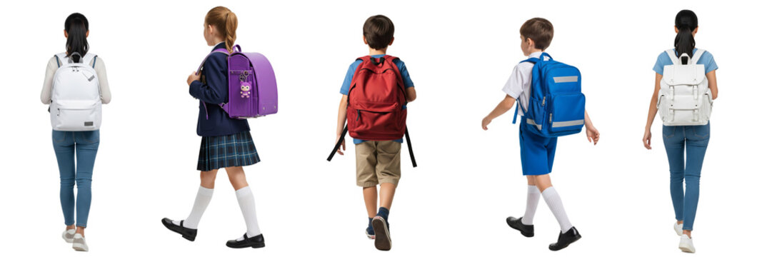 Group of little girls and boys with backpack walking back to school, isolated on white or transparent background