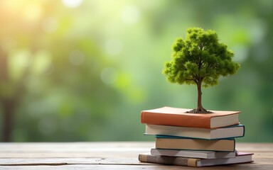 A small tree is sitting on top of a stack of books. Environmental concept. High quality