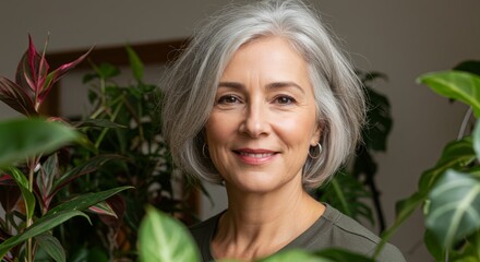 Naklejka premium Mature woman enjoying indoor plants at home in a relaxing atmosphere