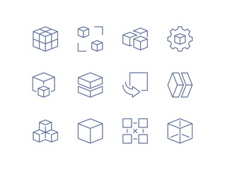 Set of cubes and 3D modeling icons, modular structure, virtual rotation, dimensional analysis, digital transformation, data architecture, system design and linear minimal line style vector symbols.