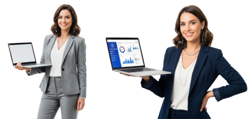 Group of business women holding laptop showing screen isolated on white or transparent background