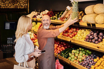 Engaging interaction in a vibrant grocery store focused on organic local produce