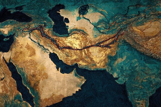 Artistic Middle East Map with Silk Road Route, Gold and Teal Tones