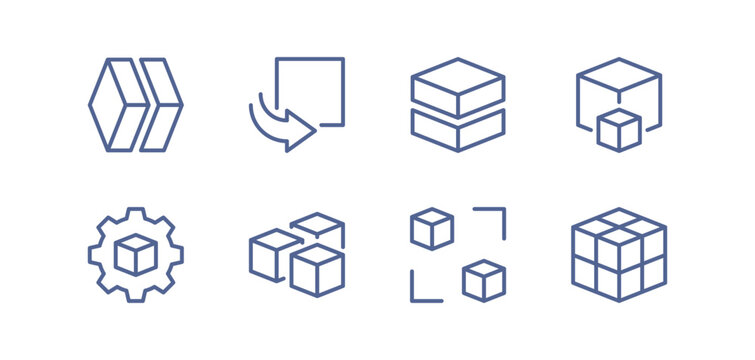 Set of cubes and 3D modeling icons, modular structure, virtual rotation, dimensional analysis, digital transformation, data architecture, system design and linear minimal line style vector symbols.