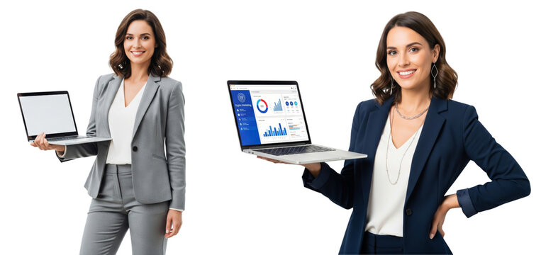 Group of business women holding laptop showing screen isolated on white or transparent background