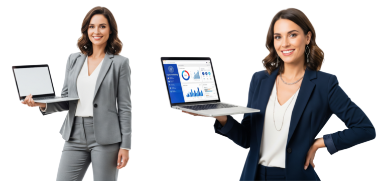 Group of business women holding laptop showing screen isolated on white or transparent background