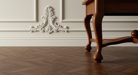 Angled shot depicts carved wall decor, a wooden table's legs, and parquet flooring. Light highlights ornate molding details, enhancing depth
