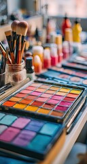 Colorful makeup palettes and brushes on a vanity