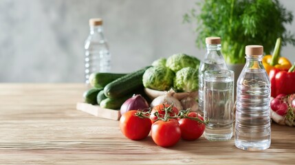 Fresh vegetables and water on a wooden table, embodying simplicity and natural wellness.