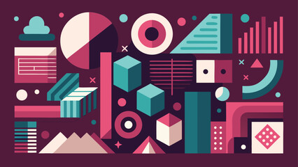 Obraz premium Abstract geometric shapes in various colors on a vibrant purple background..eps