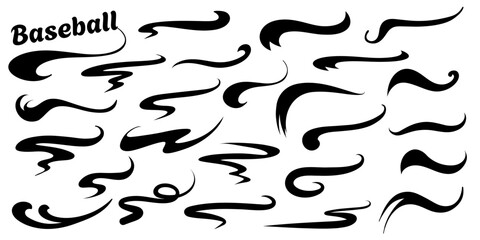 Baseball swoosh text tails, decorative underline swashes for retro typography. Sporty vector font ornaments. Vector illustration.