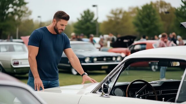 Man in Blue Shirt Examining White Classic Car at Outdoor Car Show