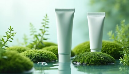Two minimalist cosmetic tubes presented on mossy rocks surrounded by water, green foliage. Soft pastel tones, natural elements suggest organic, hydrating foot cream, ideal for skincare promotions