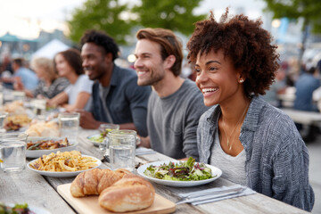 Joyful gathering of diverse friends enjoying outdoor meal together at a table