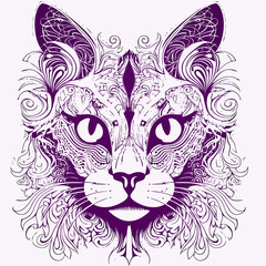 Vector art illustration of a feline cat head with a tribal black and white butterfly pattern