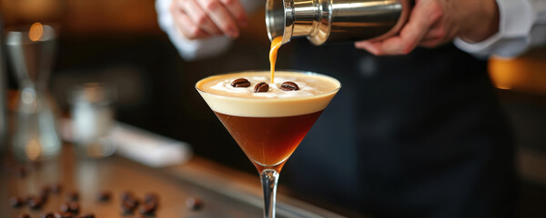 Bartender crafts espresso martini with rich foam and coffee beans garnish. Drink poured from shaker into glass on bar counter. Modern cafe ambiance, pro mixology for discerning friends.