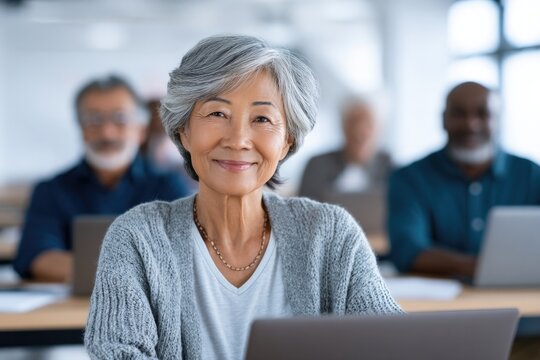 Middle aged east asian woman teaching digital skills to adults in classroom setting for lifelong learning and education