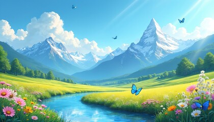 Vibrant spring landscape illustration featuring winding blue river through bright green meadow. Snow-capped mountains rise in background under clear blue sky with fluffy white clouds. Butterflies