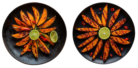 Grilled sweet potatoes arranged in circular pattern on black plates