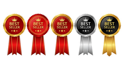 Collection of best seller ribbons and medals isolated on transparent background