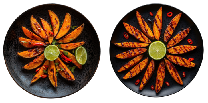 Grilled sweet potatoes arranged in circular pattern on black plates  