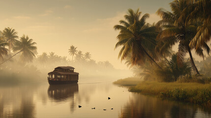 Kerala houseboat on backwaters at sunset