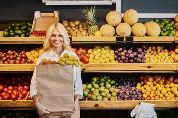 Blonde woman enjoys shopping for fresh organic produce in vibrant grocery store
