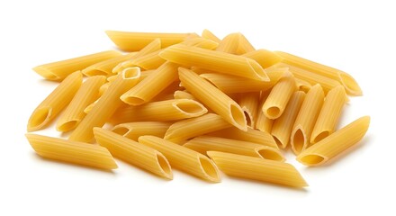 Pile of dry penne pasta tubes with angled ends isolated on white background